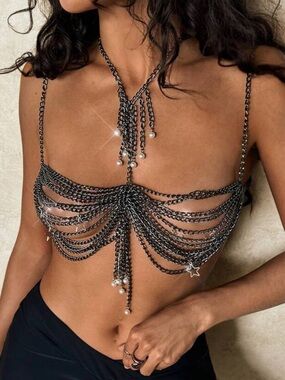 Gunmetal Chain Fringe Bralette Choker Top With Pearls & Stars